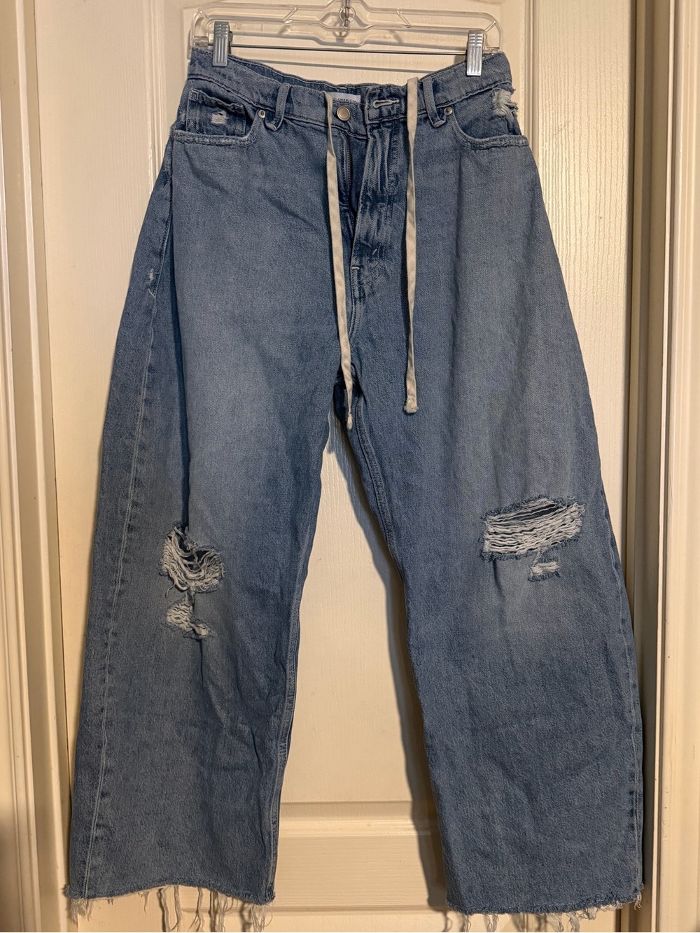 Good American Relaxed Drawstring Distressed Blue Jeans